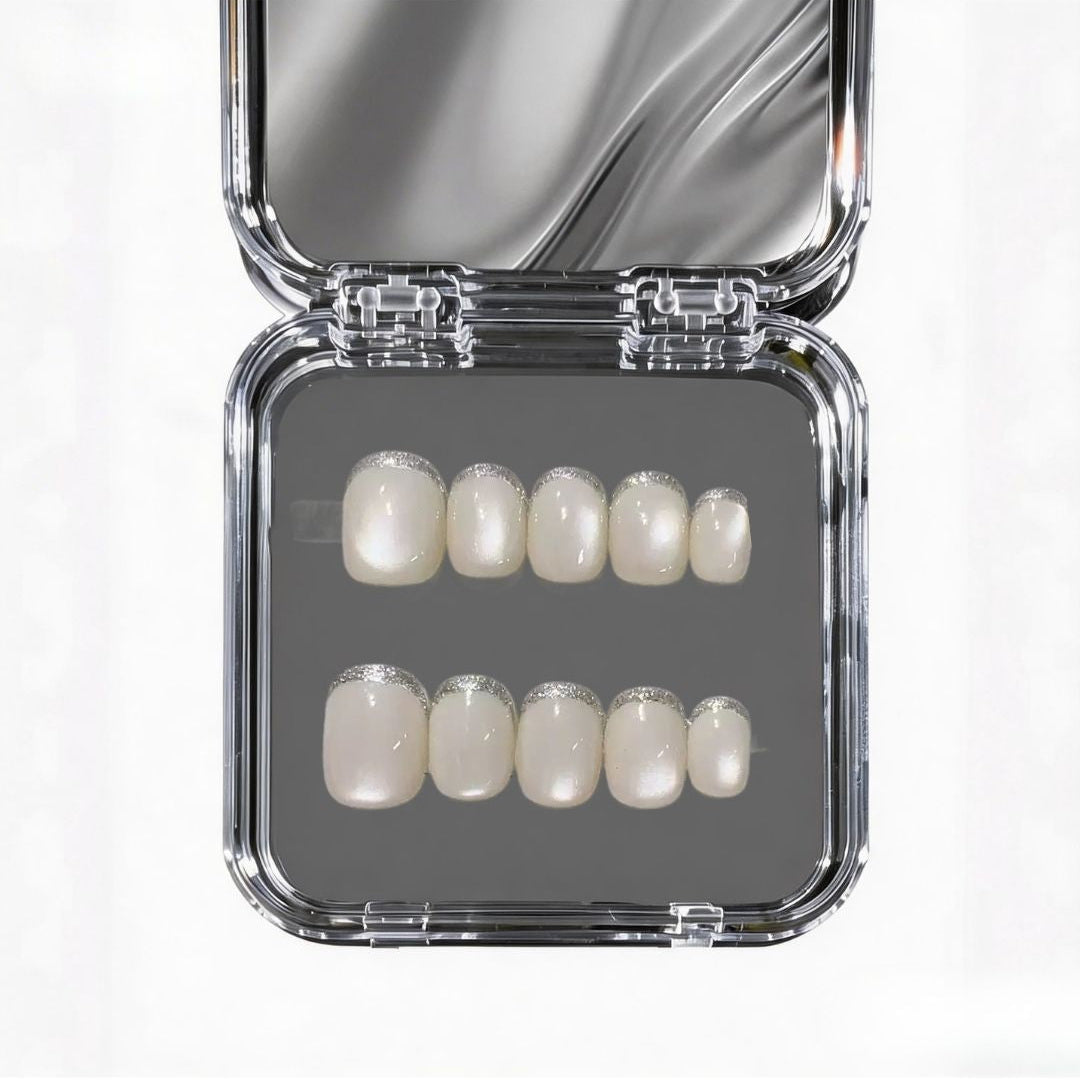 Silver Shell Solace | Mother-of-Pearl & Metallic Rim Nails