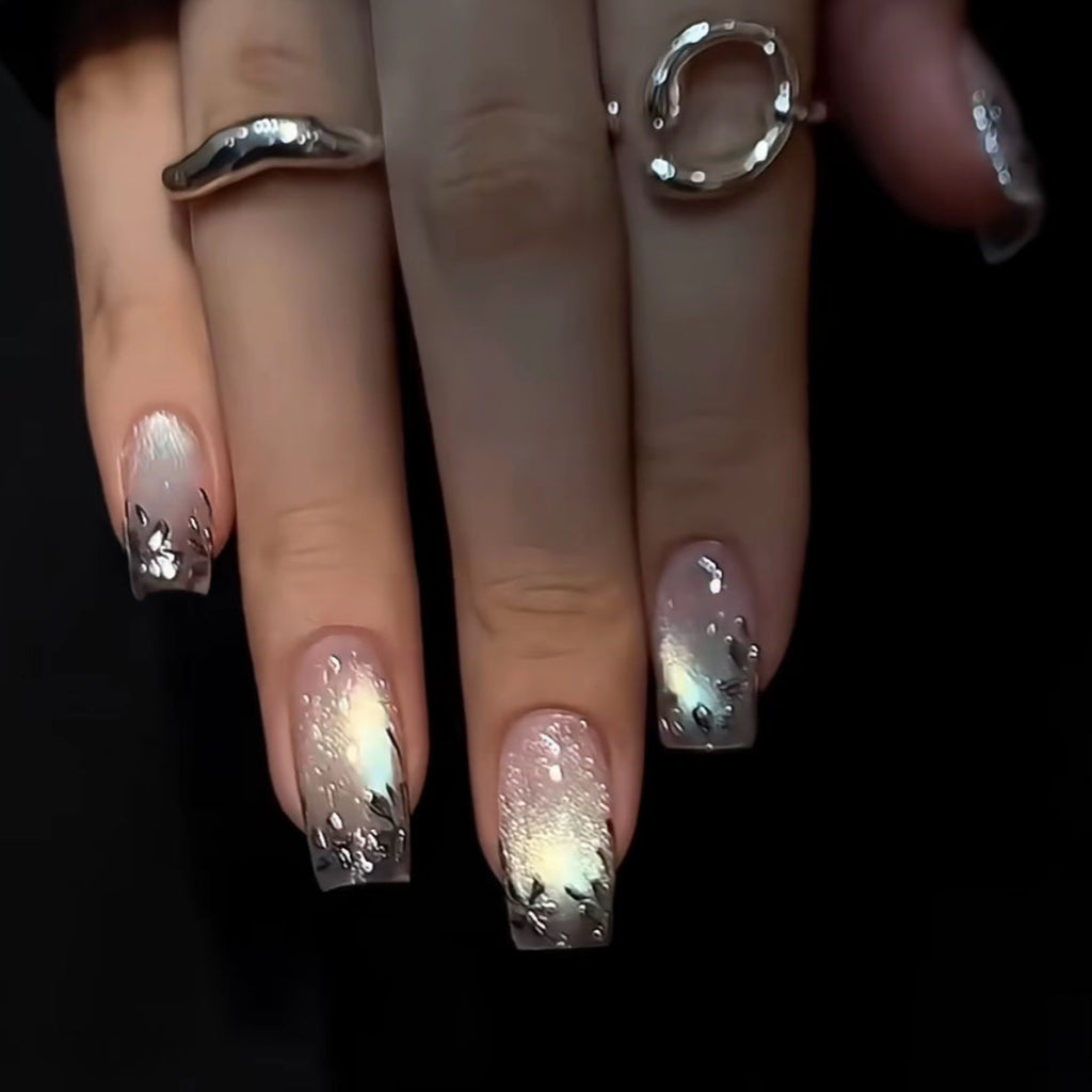 Midnight Bloom | Ombre Cat-eye & Metallic Floral Nails